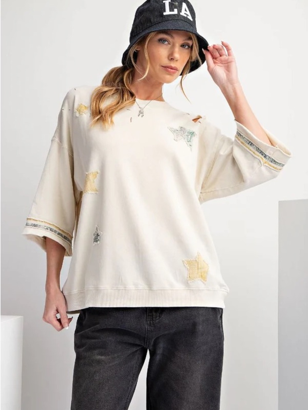 Easel Starla Patchwork Distressed Mineral Washed Knit Top Size S